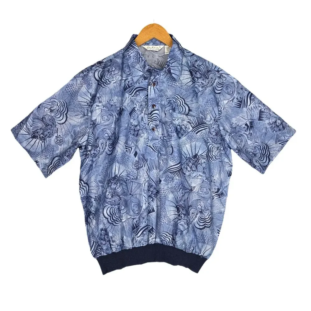 VINTAGE 70'S LILLY DACHÉ CALIFORNIA TOP – WOMEN'S SIZE L – BLUE ABSTRACT PRINT